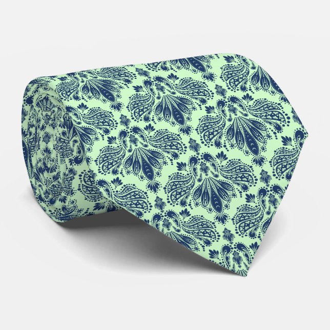 Navy Blue & Green Floral Damasks Pattern Neck Tie (Rolled)