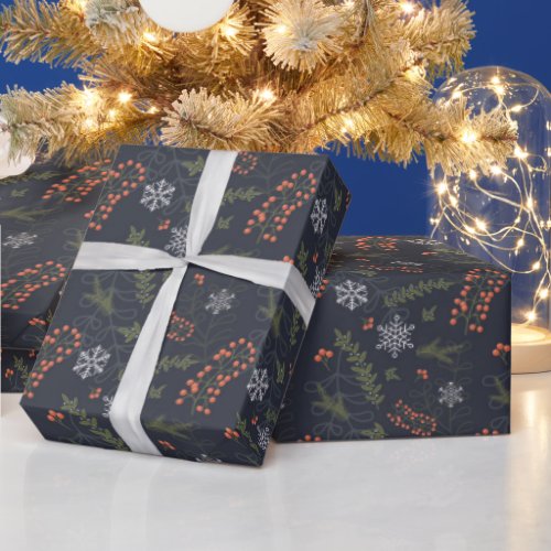 Navy blue green foliage red berries snowflake wrapping paper