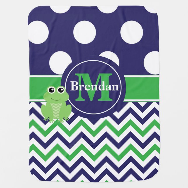 Navy Blue Green Frog Dots Chevron Personalized Stroller Blanket (Front)