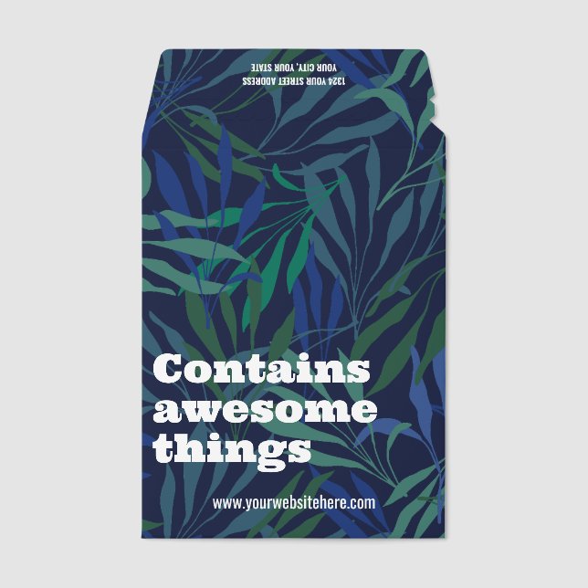 Navy Blue Green Fronds Contains Awesome Things Envelope Mailers (Front)