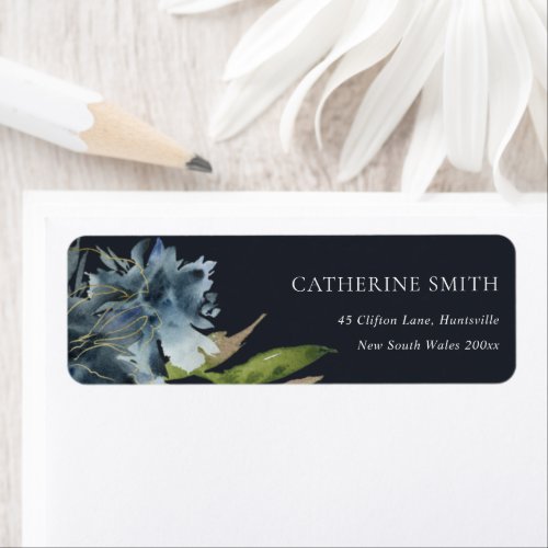 NAVY BLUE GREEN GOLD FLORAL WATERCOLOR ADDRESS LABEL