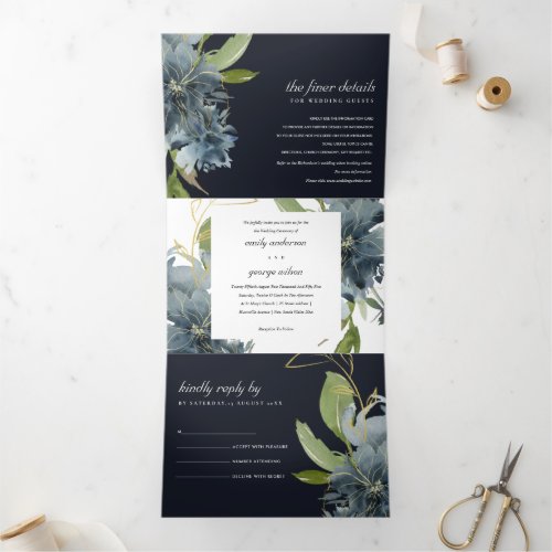 NAVY BLUE GREEN GOLD FLORAL WATERCOLOR WEDDING Tri_Fold INVITATION