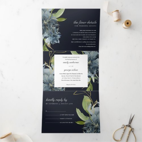 NAVY BLUE GREEN GOLD FLORAL WATERCOLOR WEDDING Tri_Fold INVITATION