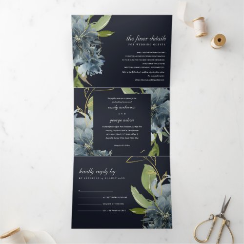 NAVY BLUE GREEN GOLD FLORAL WATERCOLOR WEDDING Tri_Fold INVITATION