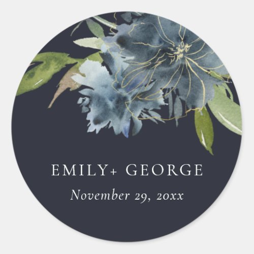 NAVY BLUE GREEN GOLD FLORAL WATpERCOLOR WEDDING Classic Round Sticker