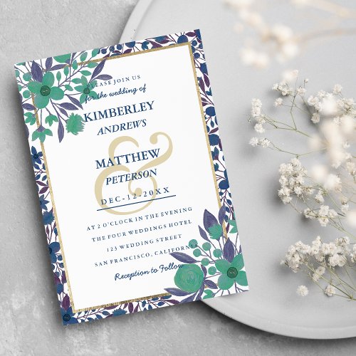 Navy Blue Green Gold Flowers Ampersand Wedding Invitation