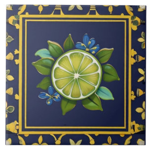 Navy Blue & Green Lime Citrus Fruit Mediterranean Ceramic Tile