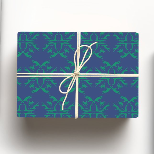 Navy Blue & Green Loch Ness Monster Damask Wrapping Paper Sheets (Creator Uploaded)