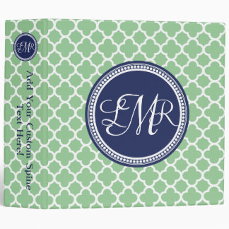 Navy Blue Green Monogram Quatrefoil Personalized 3 Ring Binder