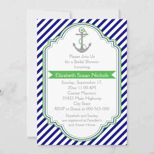 Navy blue, green nautical wedding bridal shower custom announcements