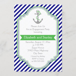 Navy blue, green nautical wedding engagement party invitation