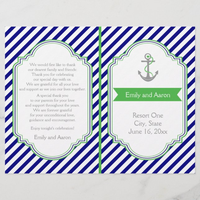 Navy blue, green nautical wedding program (Front)