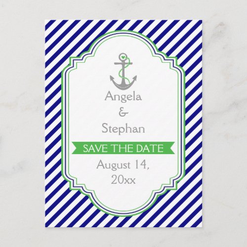 Navy blue green nautical wedding Save the Date Announcement Postcard