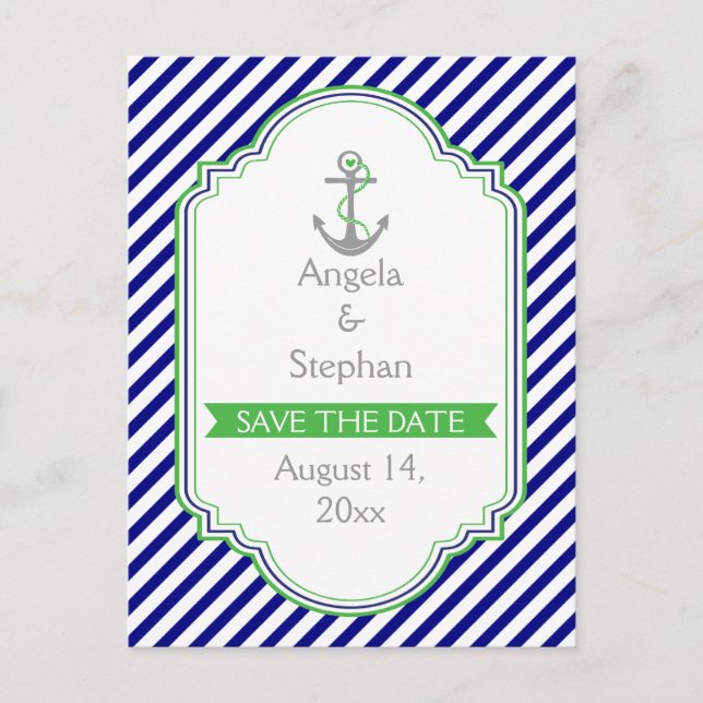Navy blue, green nautical wedding Save the Date Announcement Postcard (Front)
