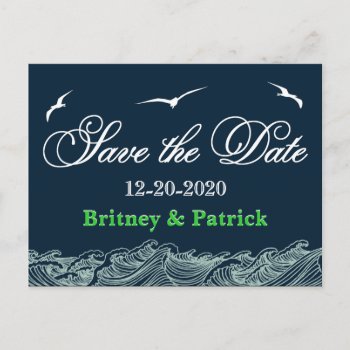 Navy Blue & Green Nautical Wedding Save The Dates Announcement Postcard by natureprints at Zazzle