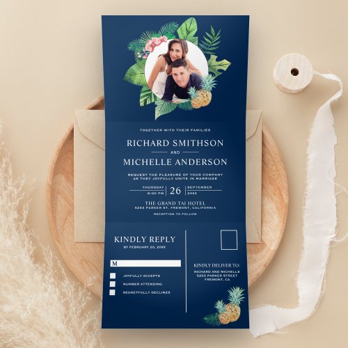 Navy Blue Green Palm Leaves Wreath Photo Wedding Tri_Fold Invitation