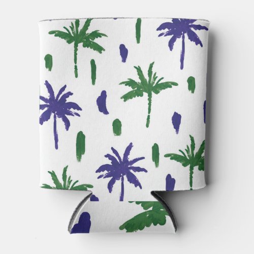 Navy Blue Green Palm Pattern Can Cooler