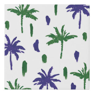 Navy Blue Green Palm Pattern Faux Canvas Print