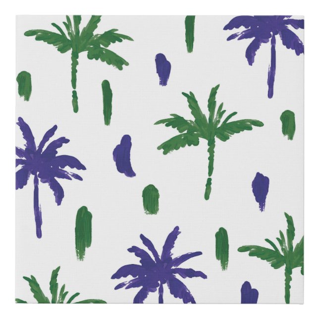 Navy Blue Green Palm Pattern Faux Canvas Print (Front)