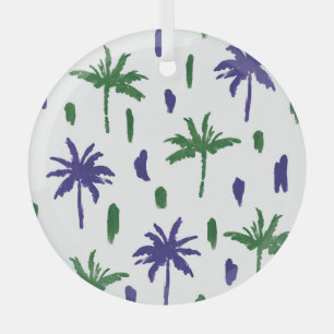 Navy Blue Green Palm Pattern Glass Ornament