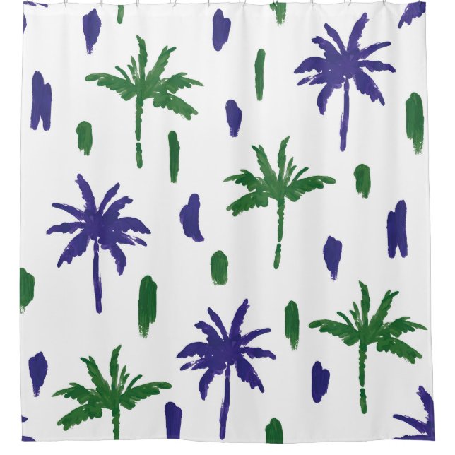 Navy Blue Green Palm Pattern Shower Curtain (Front)