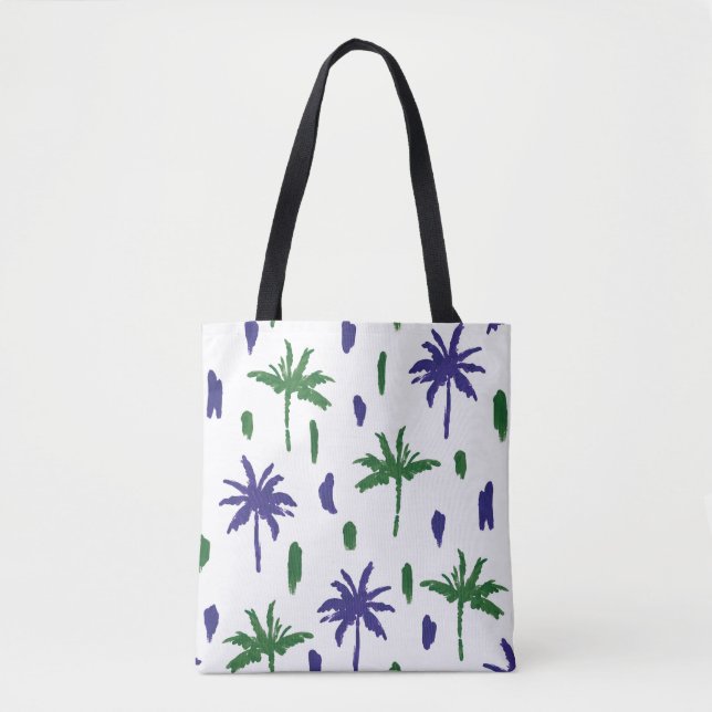 Navy Blue Green Palm Pattern Tote Bag (Front)