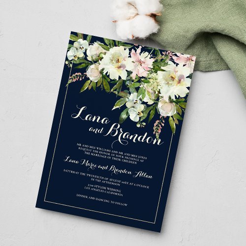 Navy blue green pink white floral country wedding invitation
