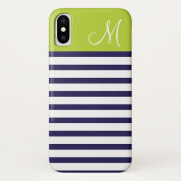 Navy Blue & Green Preppy Stripes Custom Monogram iPhone X Case