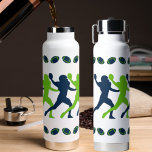 Navy Blue Green Seahawks Football Silhouettes Water Bottle<br><div class="desc">Fun whimsical American Football player silhouettes in navy blue and action green Seahawks colors adorn this water bottle.  For the football fan who's teams colors are blue and green.  A great gift for father's day,  for him,  or any special occasion.</div>