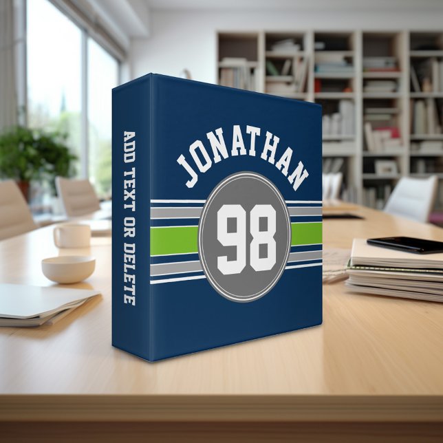 Navy blue Green Sports Jersey Stripes Name Number Binder (Personalized 3-ring binder - sports theme with area for name and custom text)