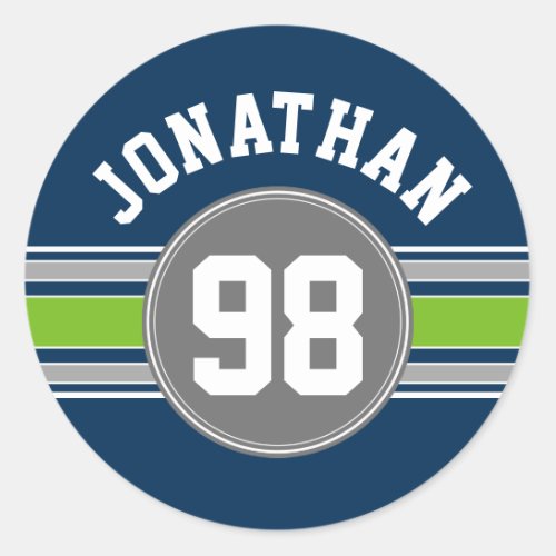 Navy blue Green Sports Jersey Stripes Name Number Classic Round Sticker