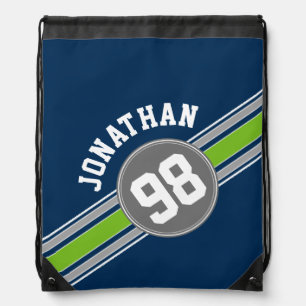 Navy blue Green Sports Jersey Stripes Name Number Drawstring Bag