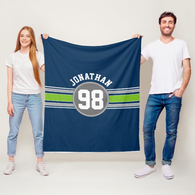 Navy blue Green Sports Jersey Stripes Name Number Fleece Blanket (In Situ)