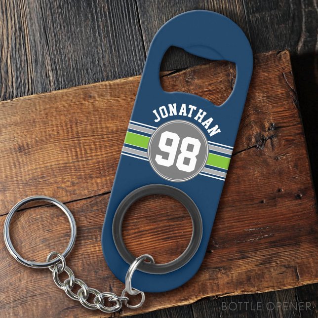 Navy blue Green Sports Jersey Stripes Name Number Keychain Bottle Opener (Custom Bottle Opener)