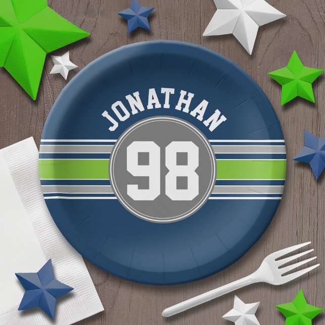 Navy blue Green Sports Jersey Stripes Name Number Paper Plates (Personalized party plates - sports theme for birthday or any occasion)