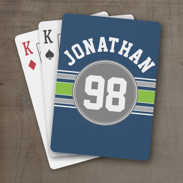 Navy blue Green Sports Jersey Stripes Name Number Poker Cards (Personalized Playing Cards - Sports Jersey Design)