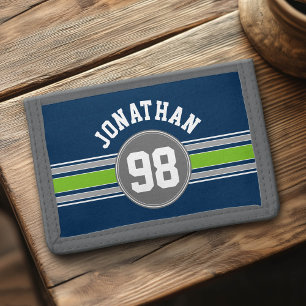 Navy blue Green Sports Jersey Stripes Name Number Trifold Wallet