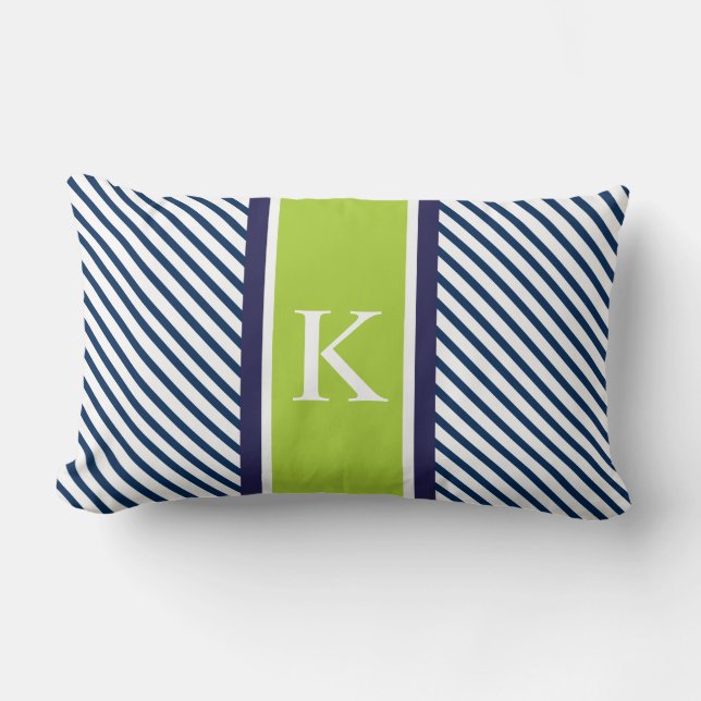 Navy Blue Green Stripes & Monogram Lumbar Pillow (Front)