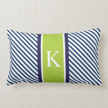 Navy Blue Green Stripes &amp; Monogram Lumbar Pillow