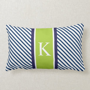 Navy Blue Green Stripes & Monogram Lumbar Pillow