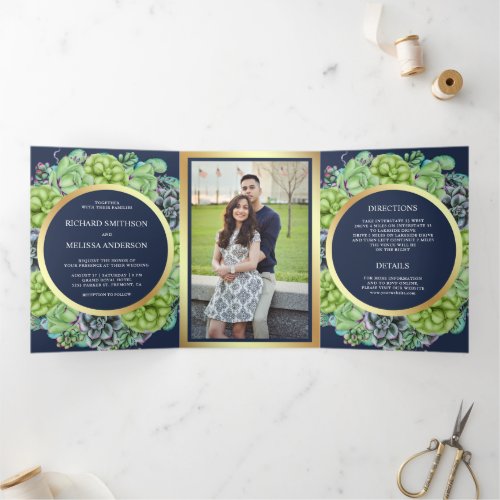 Navy Blue Green Succulent Wreath Photo Wedding Tri_Fold Invitation