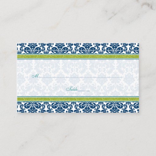 Customizable Navy Blue Green Teal Damask Wedding Place Cards Business Card