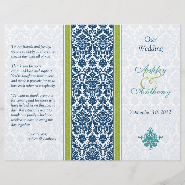 Navy Blue, Green, Teal Damask Wedding Program (Front)