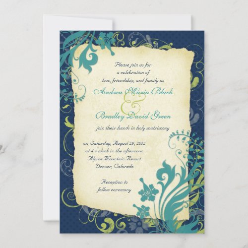 Navy Blue Green Teal Floral Wedding Invitation
