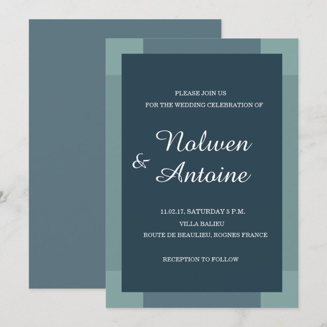 Navy blue green turquoise elegant modern wedding invitation (Front/Back)