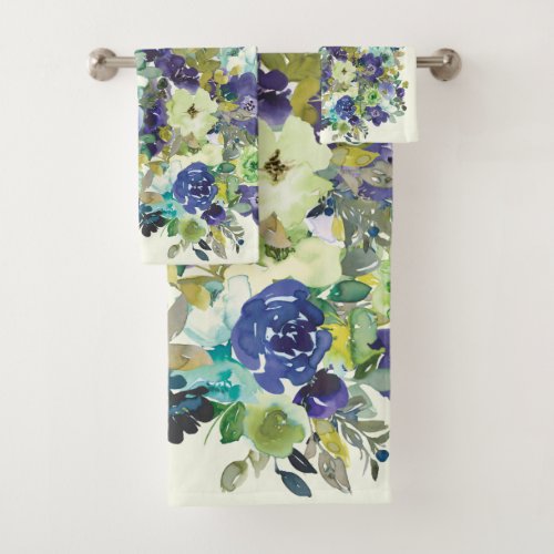 Navy Blue Green Watercolor Floral Bath Towel Set