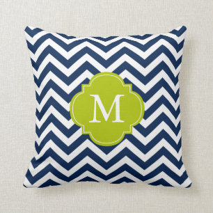 Navy Blue & Green Zigzags Pattern Monogram Throw Pillow