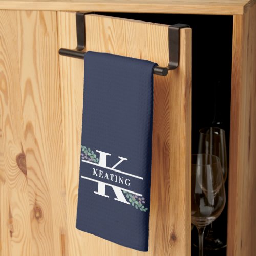 Navy Blue Greenery  Berries Monogram  Kitchen Towel