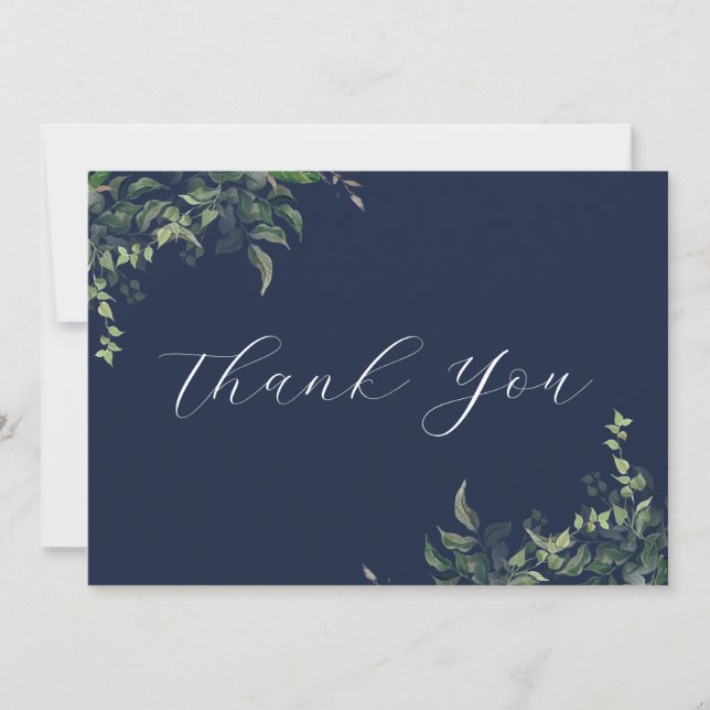 Navy Blue Greenery Botanical Watercolor Wedding Thank You Card (Front)