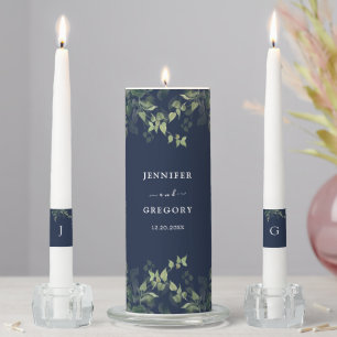 Navy Blue Greenery Botanical Watercolor Wedding Unity Candle Set